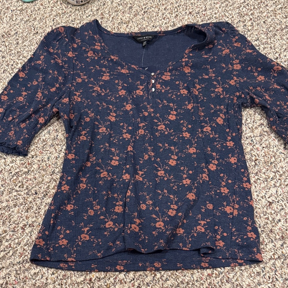 Lucky Brand Navy Top with Rust Floral Print